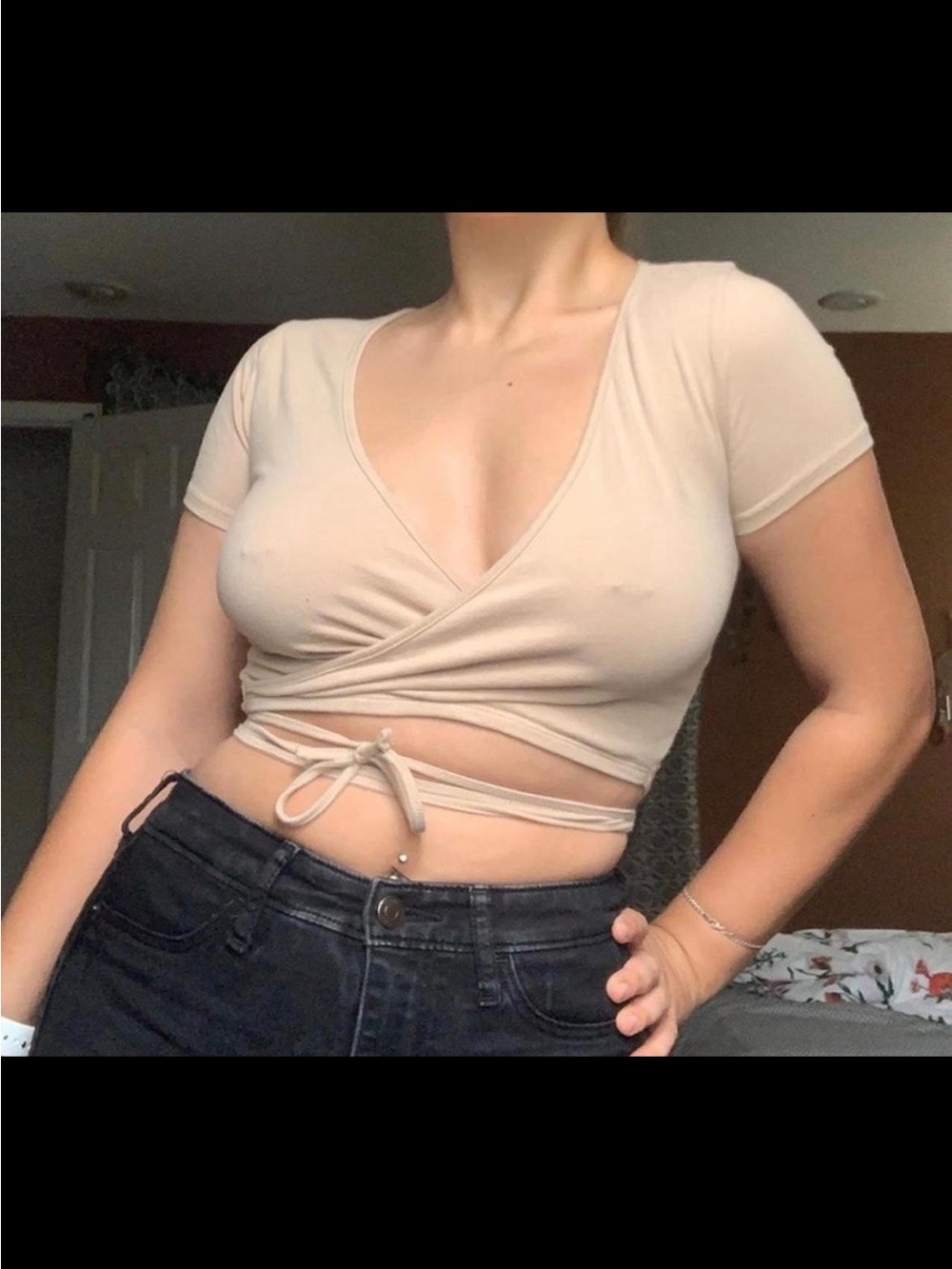 Women's Beige Wrap Crop Top with Tie Detail